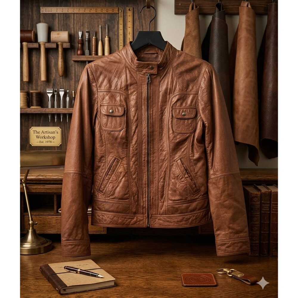 Women's Cognac Brown  Soft Genuine Leather Moto Style Full Zip Jacket Size M